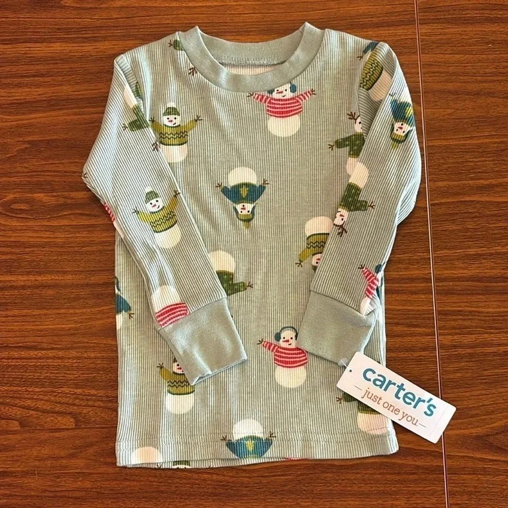 Carter's Unisex Ribbed Long‎ Sleeved Christmas Tee with Snowmen Size 12M NWT